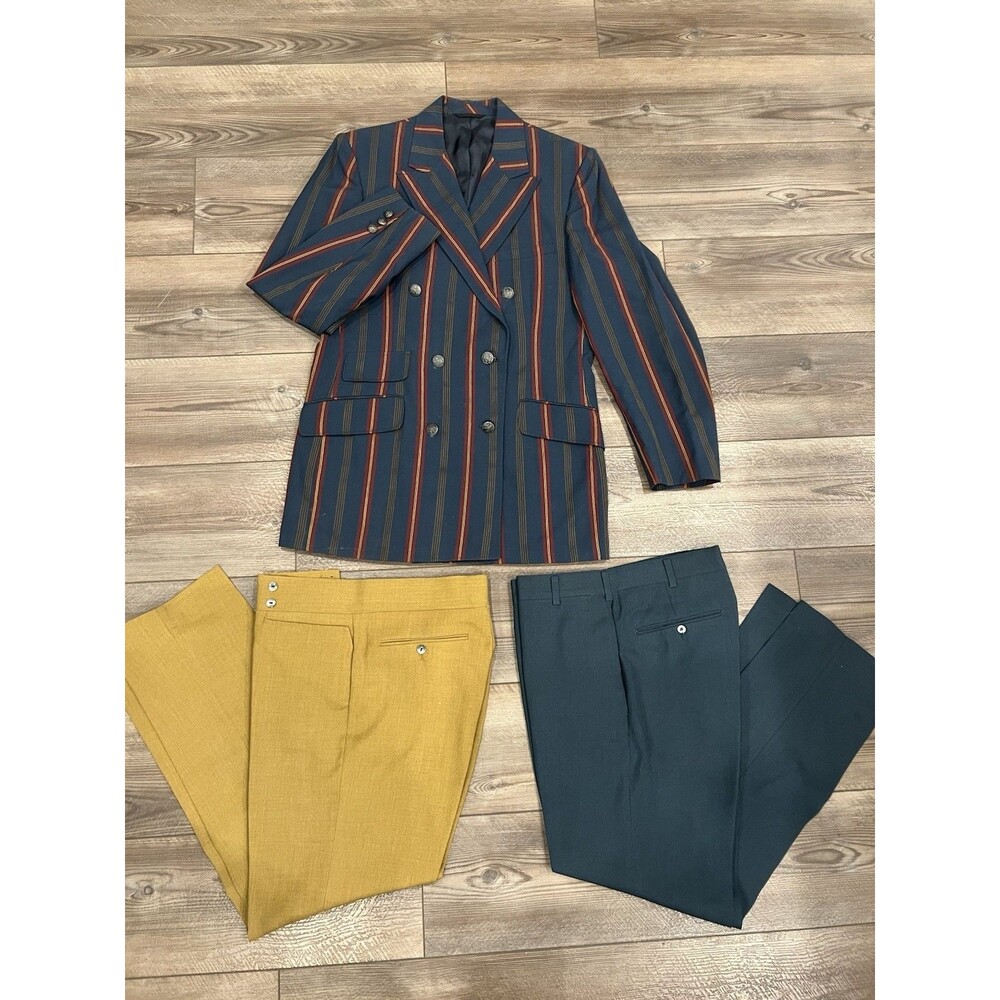 Vintage H.I.S. Striped Double-Breasted Blazer Crest Buttons + 2 Farah Pants 3x